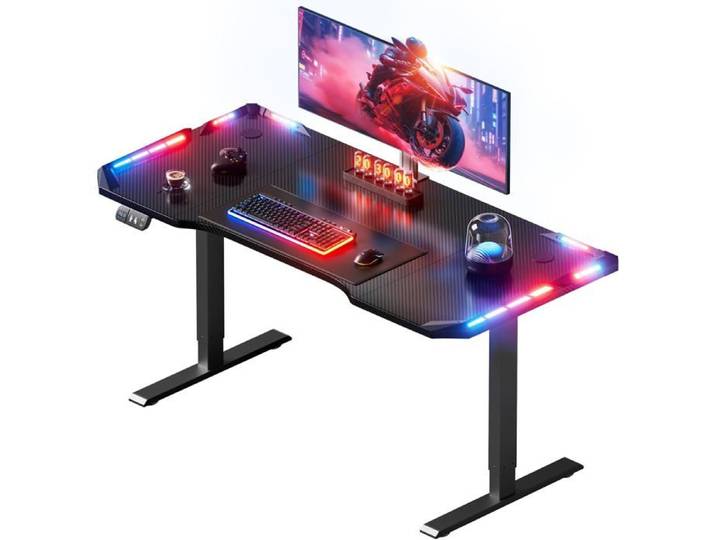 Bureau Assis-Debout Électrique 120x60 cm Table Gaming Réglable en Hauteur Surface Fibre de Carbone Noir