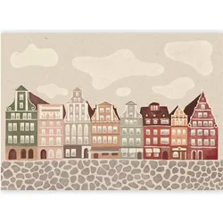Artgeist, Tapete, Fototapete - Salt Square - Colorful Illustrated Townhouses Against a Cloudy Sky Background (400 x 280 cm)