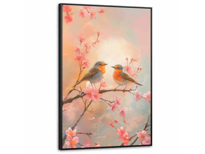 MuchoWow Leinwand Bilder mit Rahmen - Rotkehlchen - Zierpflanze - Blütenzweig - 90x140, Hellrosa, Rechteckig, 90x140 cm, gerahmt, Bilder & Rahmen, Bilder, Leinwandbilder