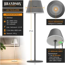 Brandson, Tischlampe, 3x LED Tischleuchte aus Metall, mit Akku, Kabellos, Touch, dimmbar, Dimmfunktion, Schreibtischlampe