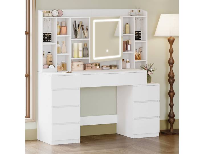 Coiffeuse avec miroir, grand miroir, coiffeuse avec 8 tiroirs et 11 compartiments ouverts, étagère à bijoux intégrée