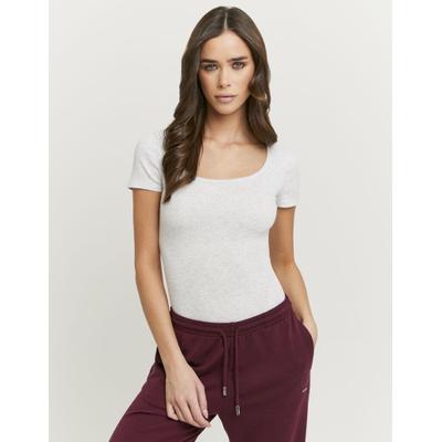 Kurzarmbody TALLY WEIJL "SBOCOMOLGET", Damen, Gr. XS, N-Gr, weiß (gris chiné light), Jersey, Obermaterial: 94% Baumwolle, 5% Elasthan, 1% Viskose, unifarben, figurbetont, Rundhals, Bodys, Basic, in unifarbener Optik, weit ausgeschnitten
