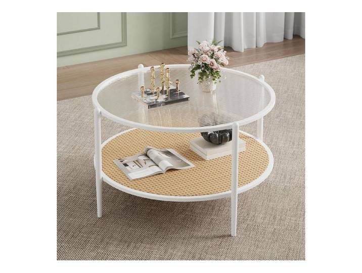 LuxusKollektion Couchtisch Runder Couchtisch Glas Rattan 2 Ebenen (1-St)