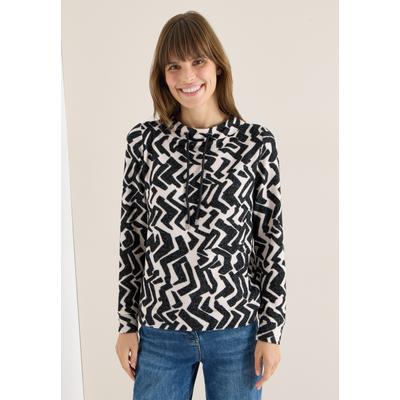 Langarmshirt CECIL, Damen, Gr. XXL (46), schwarz-weiß (light greige melange), Stoff, 67% Viskose, 28% Polyester, 5% Elasthan, gemustert, normal normal, hoch geschlossener Ausschnitt, Bündchen, Shirts Langarmshirt, mit Seitlichen Einschlitzen am Saum