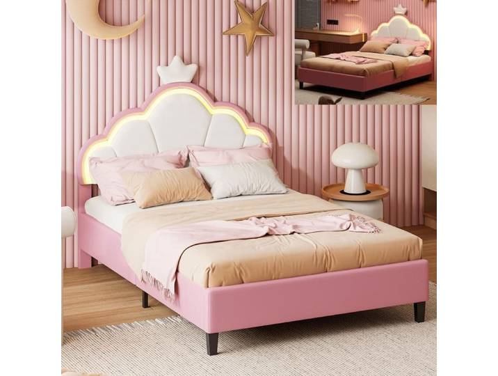 Lit enfant - EIFSON - Lit princesse 140x200 - Tête de lit réglable - LED intégrée - Velours rose