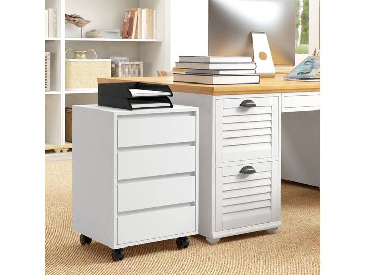 HOMCOM Caisson Bureau 4 Tiroirs Roulettes Bois Blanc