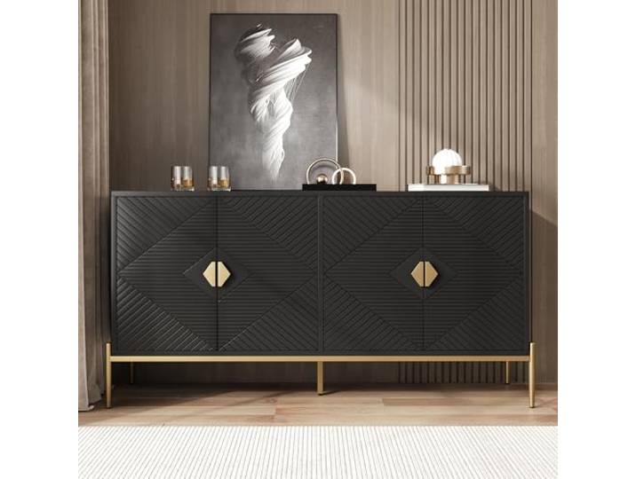 Merax Modernes Sideboard 162x40x80 cm, mit Vier Türen, Metallbeine, geometrisches Muster, großer Stauraum, Wohnzimmer Esszimmer Eingang, Elegante Kommode, Schwarz