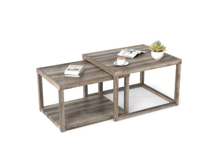 COSTWAY Couchtisch (2er Set), rechteckiger Satztisch, stapelbar, Beistelltisch Holz