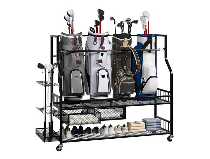 GarveeMore Sportgeräte-Regalwagen Golfschläger-Ständer mit Rollen, Aufbewahrungsgestell für Golfbags, inklusive Spanngurten und 4 Rollen mit Bremse