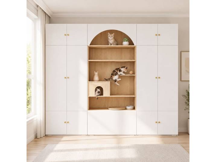 Armoire-armoire pour animaux de compagnie-avec 1 tringle à manteaux-mur d'escalade pour chat et oreiller pour animaux de compagnie