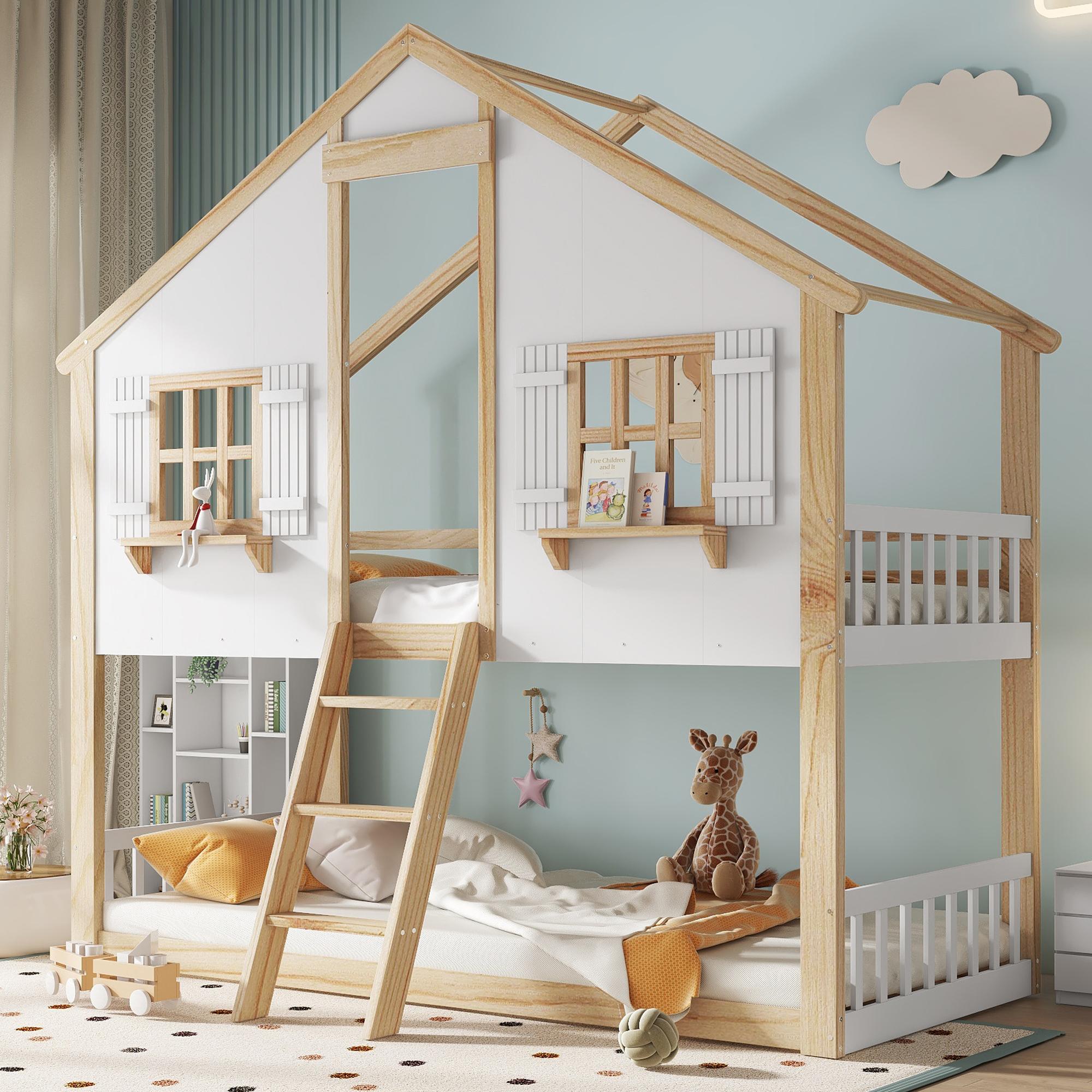 Merax Etagenbett 90x200 cm mit stabile Lattenroste, Kinderbett mit Dach und Fenstern, Sicherheitsgeländer, Schrägleiter, Kiefer+MDF, Weiß+Natur