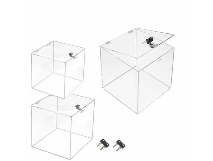 TUKA-i-AKUT 3er Acryl Schaukasten Abschließbar 30cm + 25cm + 20cm, 6-Seitig Vitrine, Klappbarer Deckel, Würfelform Klare Präsentationsbox Museum Sammler Schmuck Kosmetik Aufbewahrung TKD8258-Set