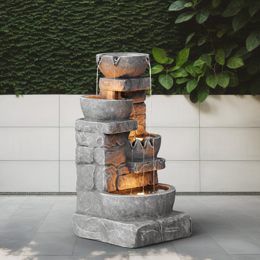 Teamson Home 84.5 cm Cascading Bowls & Stacked Stones LED Outdoor Water Fountains Gray 94.5cm H X 38.7cm W X 39.4cm D
