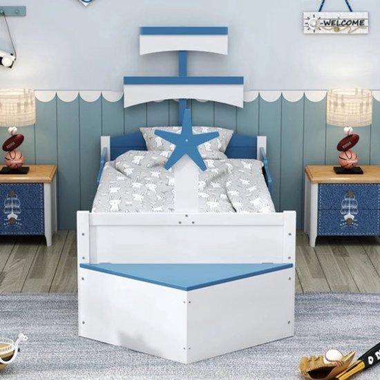 Holz Kinderbett - Segelbootform - Ladefächer - Abstellplatz Am Ende Des Bettes - Einzelbett - Blau