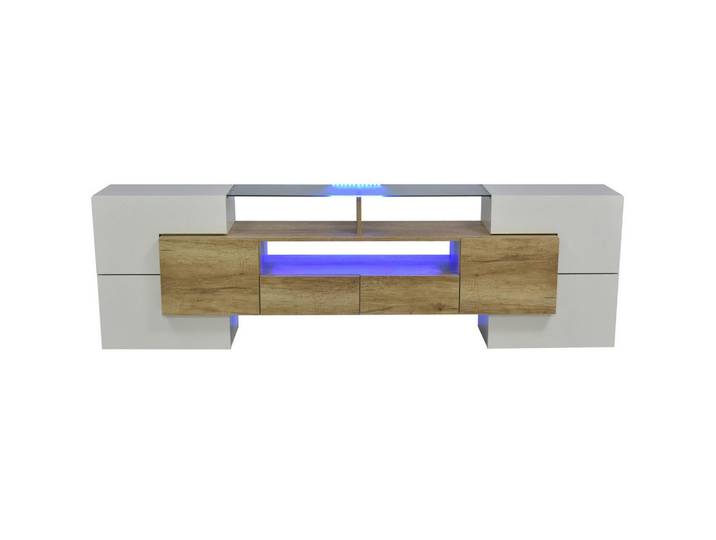 Modenvie Lowboard 200/35/60 cm aus MDF mit LED-Beleuchtung Weiß/Naturfarben, 200x60x35 cm, Wohnzimmer, TV Möbel, Lowboards, Lowboards stehend