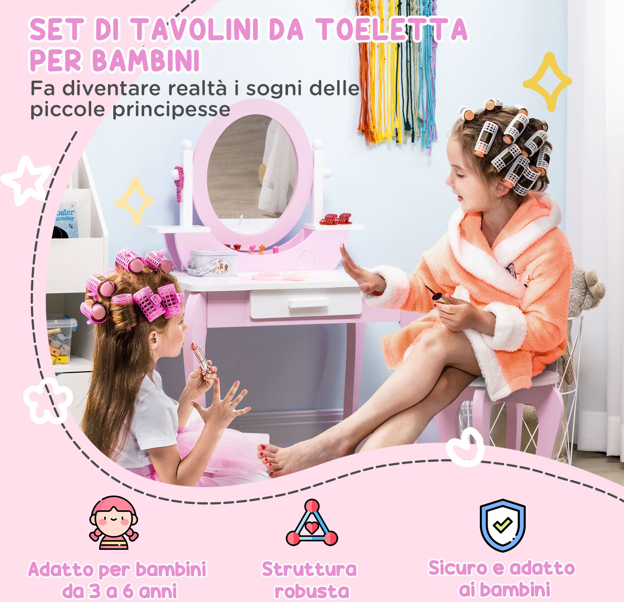 Altro Set Toeletta Trucco Per Bambini Con Tavolino Con Specchi E Sgabello, Età 3-6 Anni, Rosa