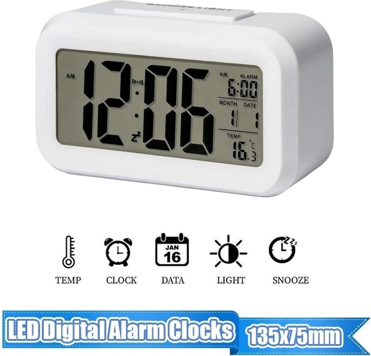 Digitale Wekker met LED-verlichting, Temperatuur en Kalender - Wit