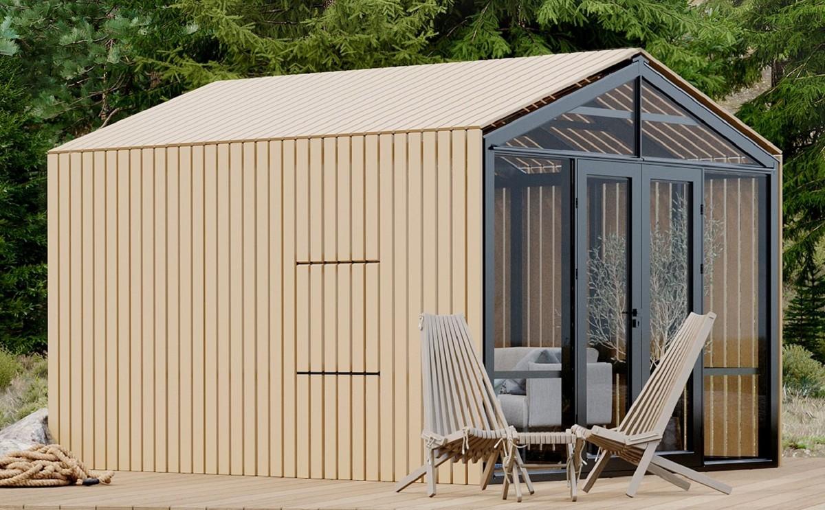 Casa Padrino Luxus Gartenhaus Schwarz / Beige 400 x 300 x H. 276,2 cm - Massivholz Garten Haus mit Glasfenstern und Glastüren - Moderne Gartenhäuser - Luxus Gartenhäuser