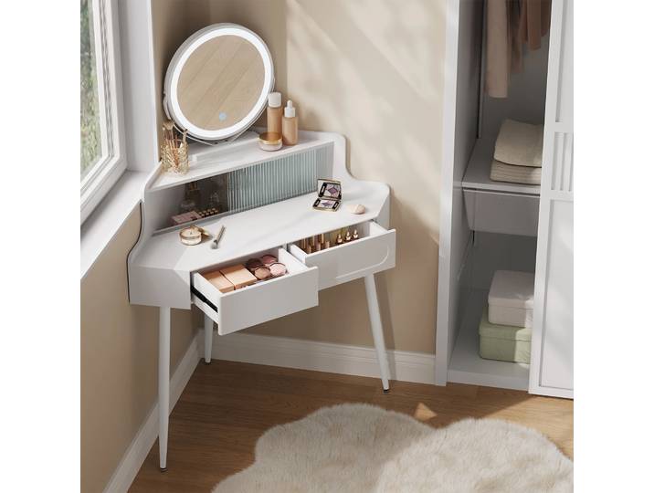 WOLTU – coiffeuse d'angle blanche avec éclairage miroir, luminosité réglable, Table cosmétique de maquillage pour chambre à coucher