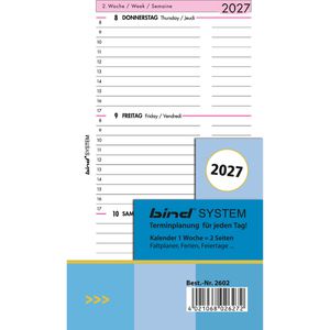 Bind Kalendereinlagen 2602, Medium, Jahr 2027, 1 Woche auf 2 Seiten, A6