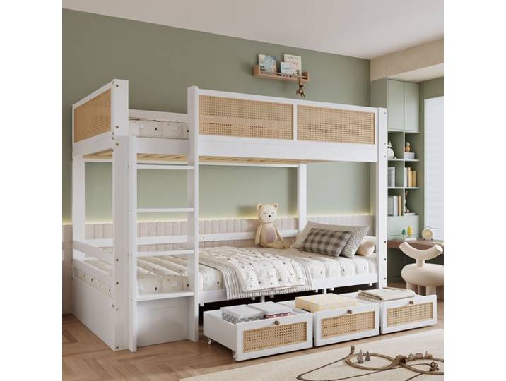 Lit superposé enfant - Design vintage - Blanc - Pin massif - 90x200