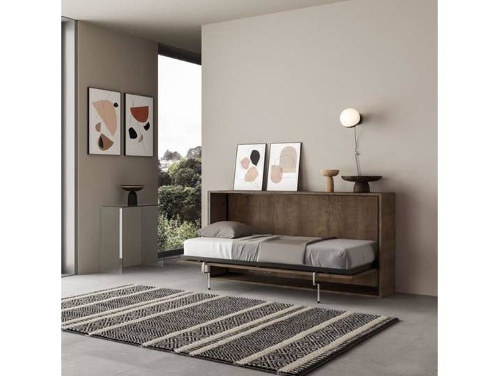 Lit escamotable horizontal - Kando - Simple - Noyer - Blanc - 90x190 cm