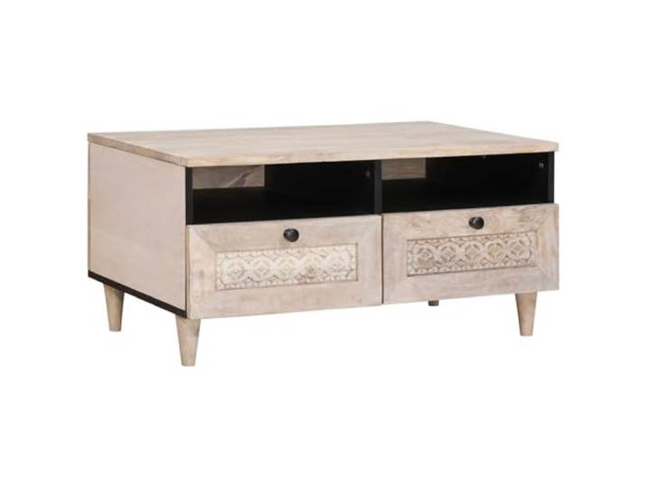 LASWWQMRF Couchtisch Bleached White 80x54x40 cm Massivholz Rechteckiger Wohnzimmertisch aus Mangoholz mit 2 Schubladen für geordnete Aufbewahrung im Wohnbereich.
