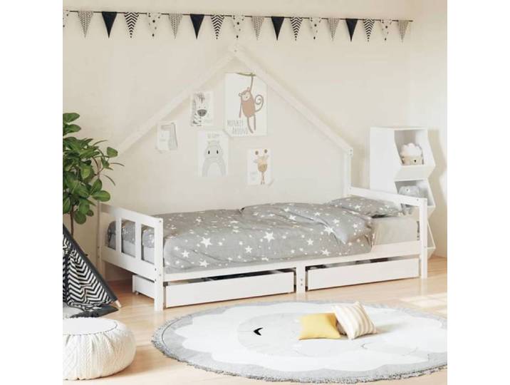 Blanc Cadre de lit enfant tiroirs blanc 90x200 cm bois de pin massif - Lit bébé H18300