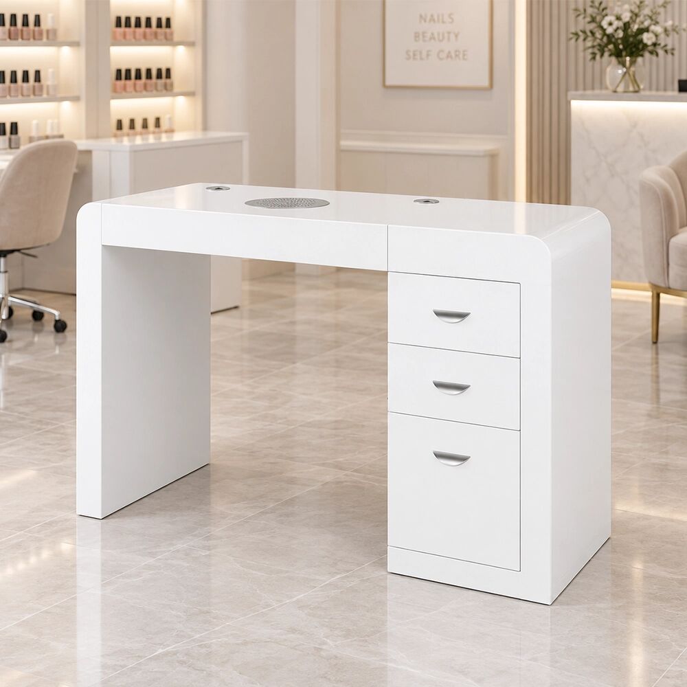 Tuttoperlestetica Tavolo manicure con aspiratore filtro tondo per estetista in legno laccato bianco cassettiera Regin Keopalia Ke131030