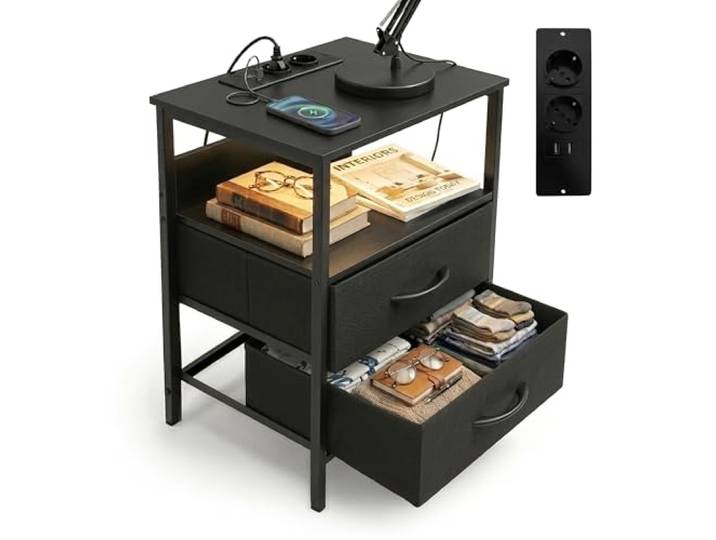 Relaxdays Beistelltisch mit LED, Steckdosen, USB-Anschluss, schwarz