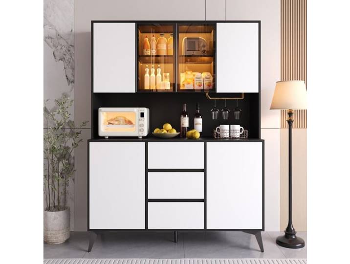 Buffet de Cuisine Vitrine 4 Portes vitrées 2 Portes et 3 Tiroirs LED - BEAUNIV - pour Cuisine 120×40×160 cm