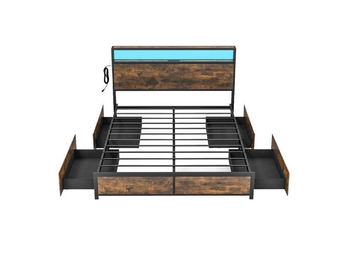 KOMFOTTEU Metallbett, Doppelbett mit LED-Beleuchtung, Kopfteil & Ladefunktion