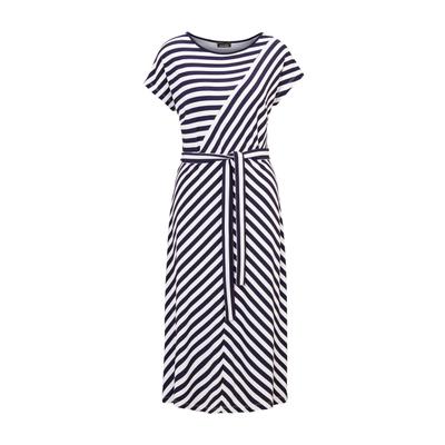 Sommerkleid GOLDNER "Kleid mit U-Boot-Ausschnitt", Damen, Gr. 46, N-Gr, blau (marine, weiß, gemustert), Obermaterial: 95% Viskose CV. 5% Elasthan EL., U-Boot-Ausschnitt, keine/nicht relevant, Kleider Sommerkleid, Bindegürtel