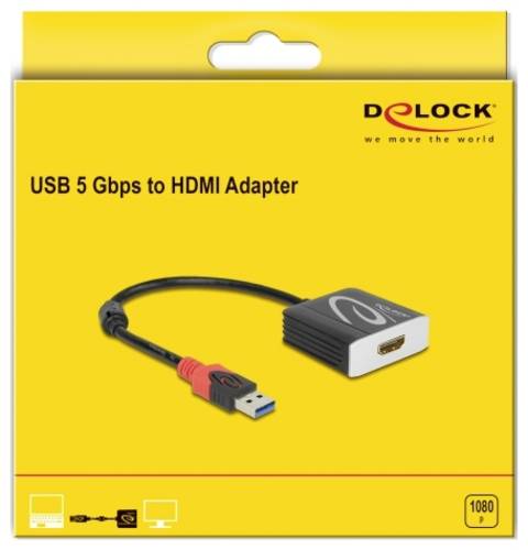 Delock 62736 USB 3.2 Gen 1 (USB 3.0) / HDMI Adapterkabel [1x USB 3.2 Gen 1 Buchse A (USB 3.0) - 1x HDMI-Buchse] Schwarz