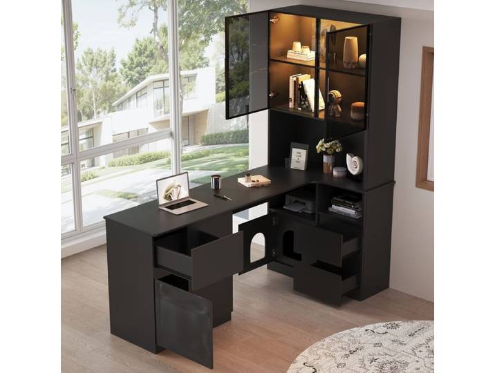 Bureau d'angle 120×80×180cm avec vitrine LED conception bibliothèque intégrée multi‑espaces de rangement