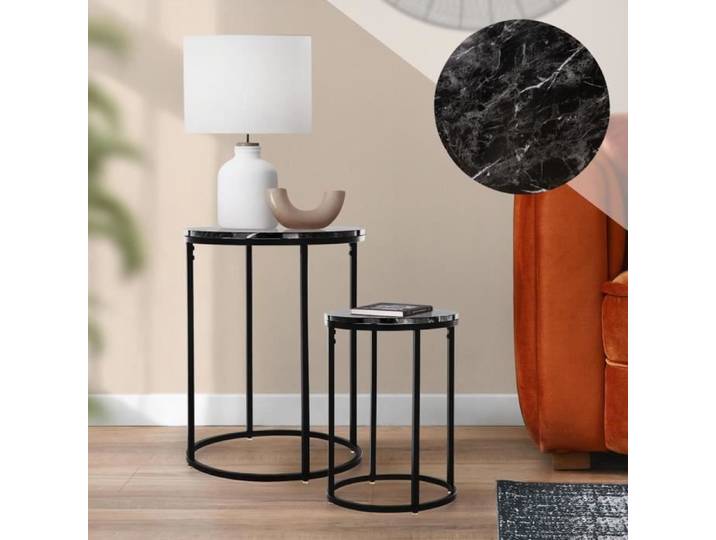 Table d'appoint - ML-DESIGN - Rond - Noir - Métal/Bois Optique Marbre - 2 Tailles