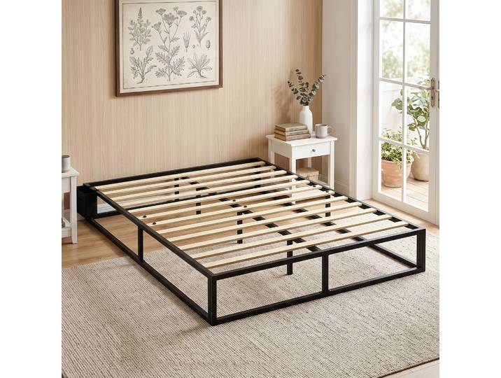 HOMCOM Lit Double 140x190cm Sommier Bois Noir Pochette Rangement
