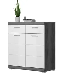 SCHUHSCHRANK weiß Hochglanz, Rauchsilber grau 90 cm, Flur Kommode mit Vollauszug