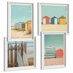 BILDER SET 4er Set - 50x50 cm & 40x60 cm Weißer Rahmen - Bunte Strandhäuser