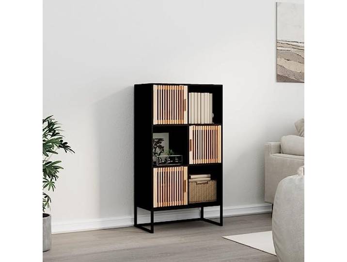 KGHFDVB Highboard Schwarz 70x35x125 cm Holzwerkstoff 3 Türen, 3 Fächer, Kiefernholztüren, Eisenfüße, Skandinavisches Design