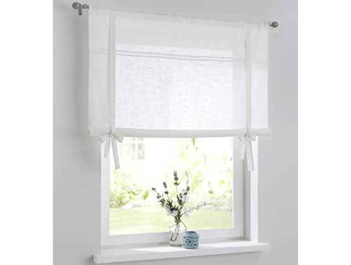 Vicky weißes Raffrollo Raffgardine Leinenoptik mit Hohlsaum-Spitze, Tunnelzug, Landhaus-Gardine Küche, Baumwolle, Bindegardine, Rollgardine, Breite 80 cm x Höhe 100 cm