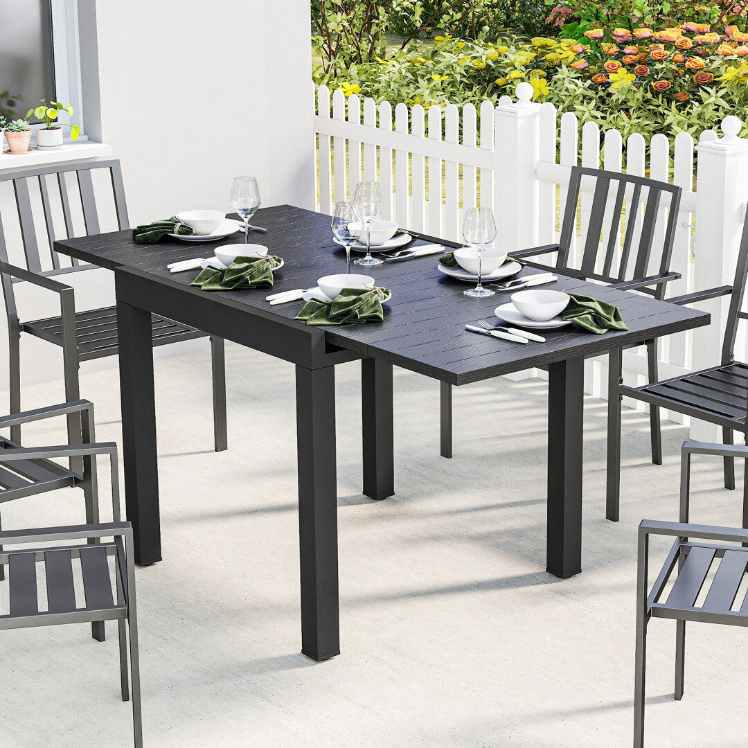 17 Stories Outsunny Aluminium Extending Garden Table with Faux Wood Slatted Top Black 75cm H x 160cm W x 80cm D