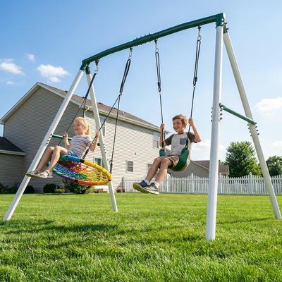 KloKick 7.5ft Heavy Duty Swing Set, 500lbs Capacity Outdoor Metal Swing Set for Kids & Adults with Spider Swing and Belt Swing