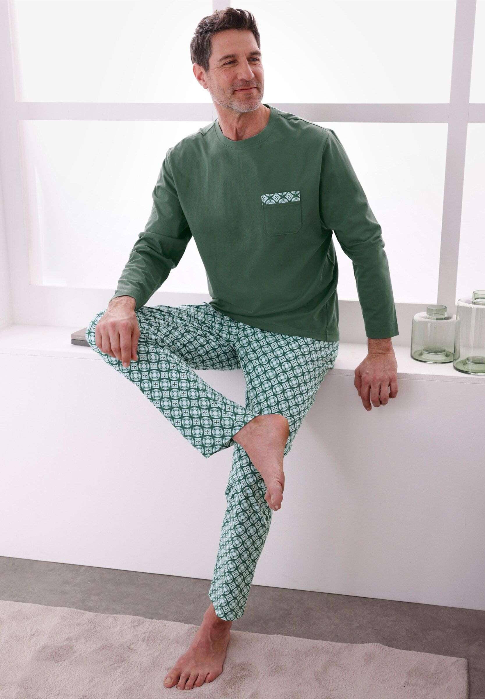 Schlafanzug WITT "Schlafanzug Schlafanzug", Herren, Gr. 60, moos, jade, bedruckt, Rundhals, Homewear-Sets Schlafanzug