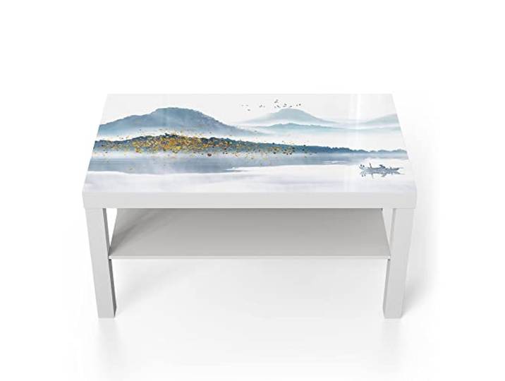 DEQORI Glastisch weiß groß 90x50 cm Motiv Berge mit Farbakzenten ausgefallener Beistelltisch aus Glas Hochglanz Couchtisch fürs Wohnzimmer moderner Couch Tisch mit Design