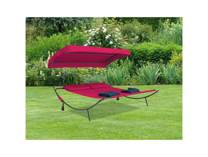 Gardenson Doppelliege, Rot, Metall, Textil, 130x137x200 cm, Räder am Kopfende, Kissen, verstellbares Dach, Gartenmöbel, Gartenliegen, Sonnenliegen
