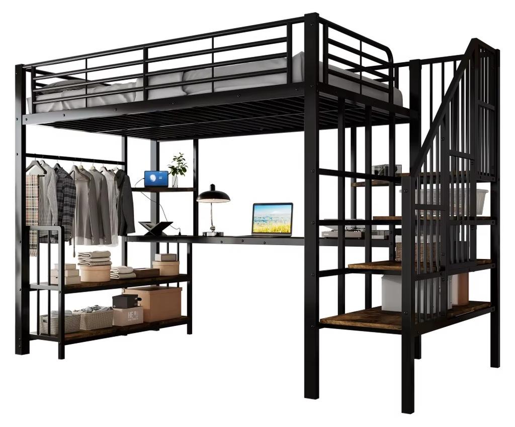 Etagenbett - Metall- und Holzrahmen - 120 × 200 cm - Stauraum unter dem Bett - Leiter mit Handlauf - USB-Ladeanschluss - Schwarz/Dunkelwalnuss