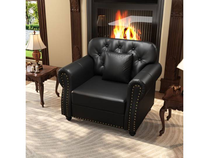 Fauteuil Chesterfield en similicuir noir 105 cm dossier capitonné accoudoirs roulés 136 kg