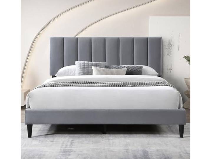 Home Collective Polsterbett Doppelbett 180x200 cm, Lattenrost, Grau Weicher Bezug, gepolstertes Kopfteil mit vertikaler Steppung, robustes Gestell und hoher Liegekomfort