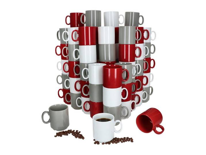 MamboCat Becher MamboCat 72x Event Trio Kaffeebecher 250ml Grau Rot Weiß stapelbar, Porzellan